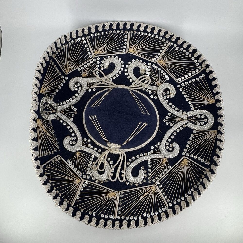 Vintage Pigalle Mexican Charro Sombrero Mariachi Hat Navy Blue Embroidered 23”